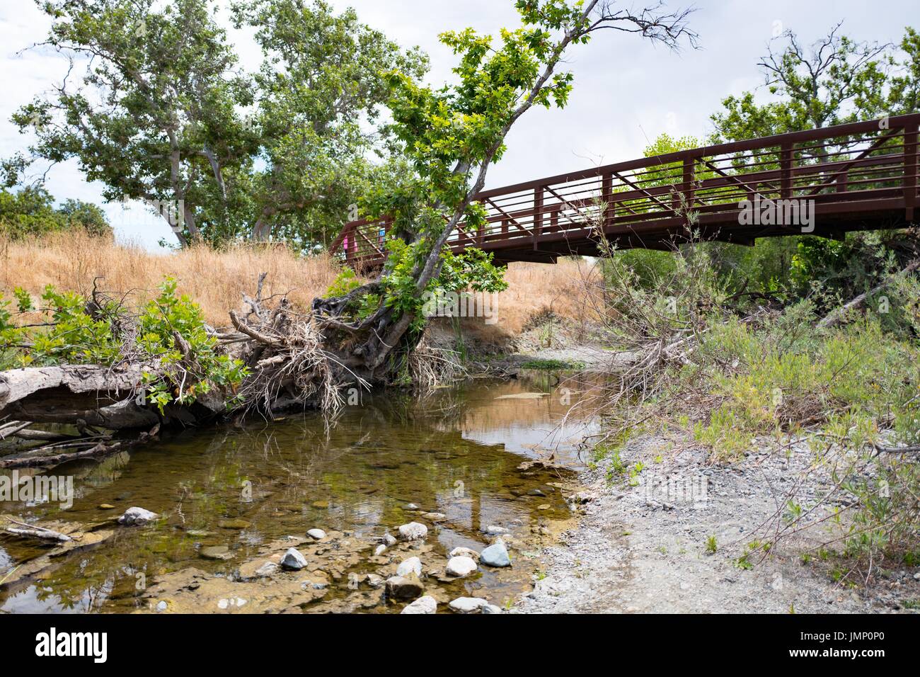 Un ponte metallico consente la Arroyo de Valle sentiero per attraversare un torrente a Sycamore Grove Park in Livermore, California, il 5 luglio 2017. Foto Stock