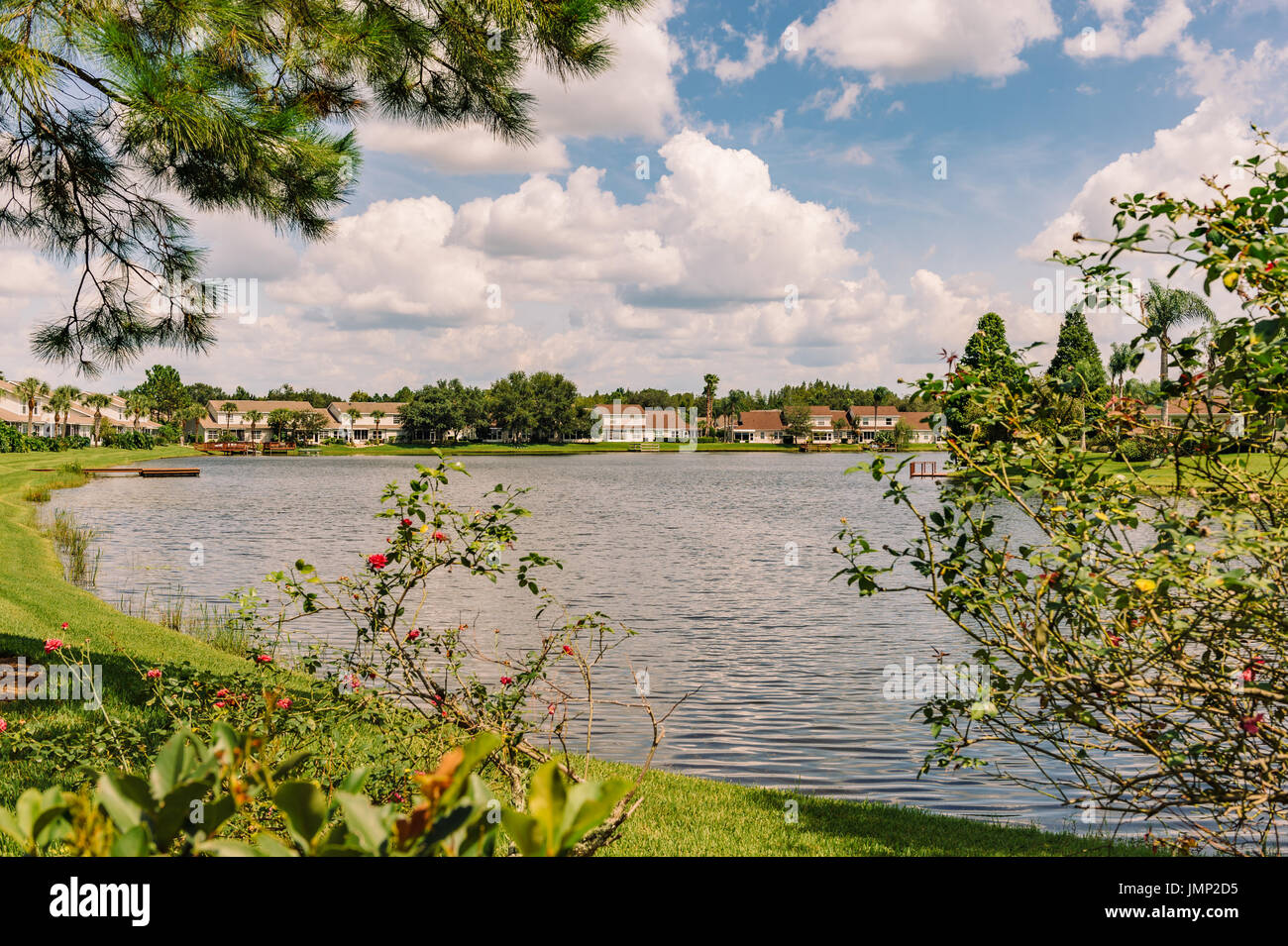 Townhouses circondano un piccolo lago nella periferia appena fuori di Tampa, Florida, Stati Uniti d'America. Foto Stock