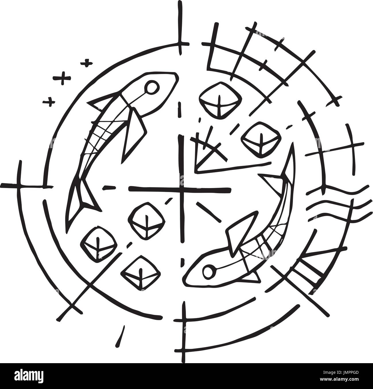 Disegnata a mano illustrazione vettoriale o di disegno a inchiostro del simbolo cristiano di cinque pani e due pesci Illustrazione Vettoriale