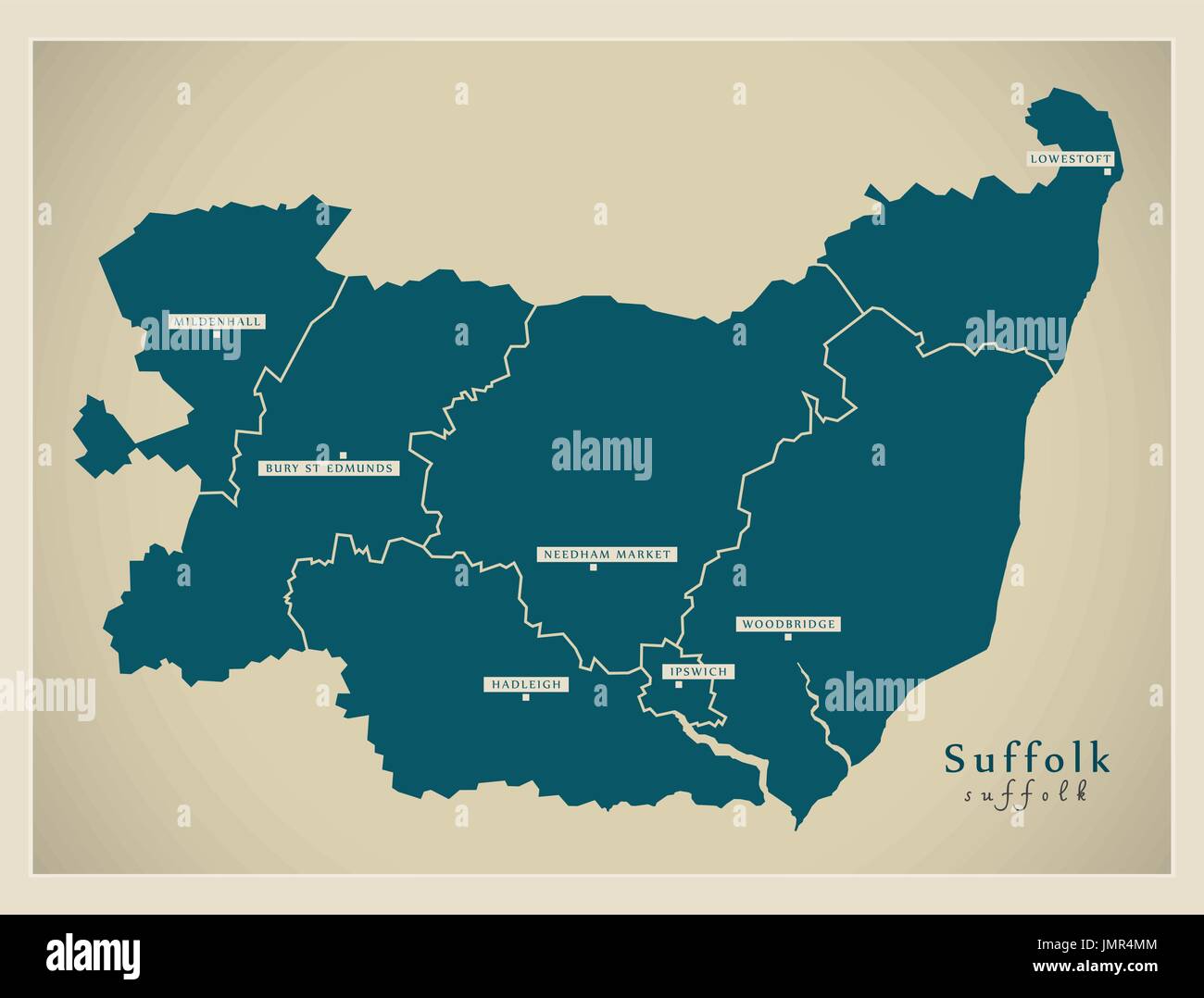Mappa moderna - la contea di Suffolk con città e distretti Inghilterra illustrazione del Regno Unito Illustrazione Vettoriale
