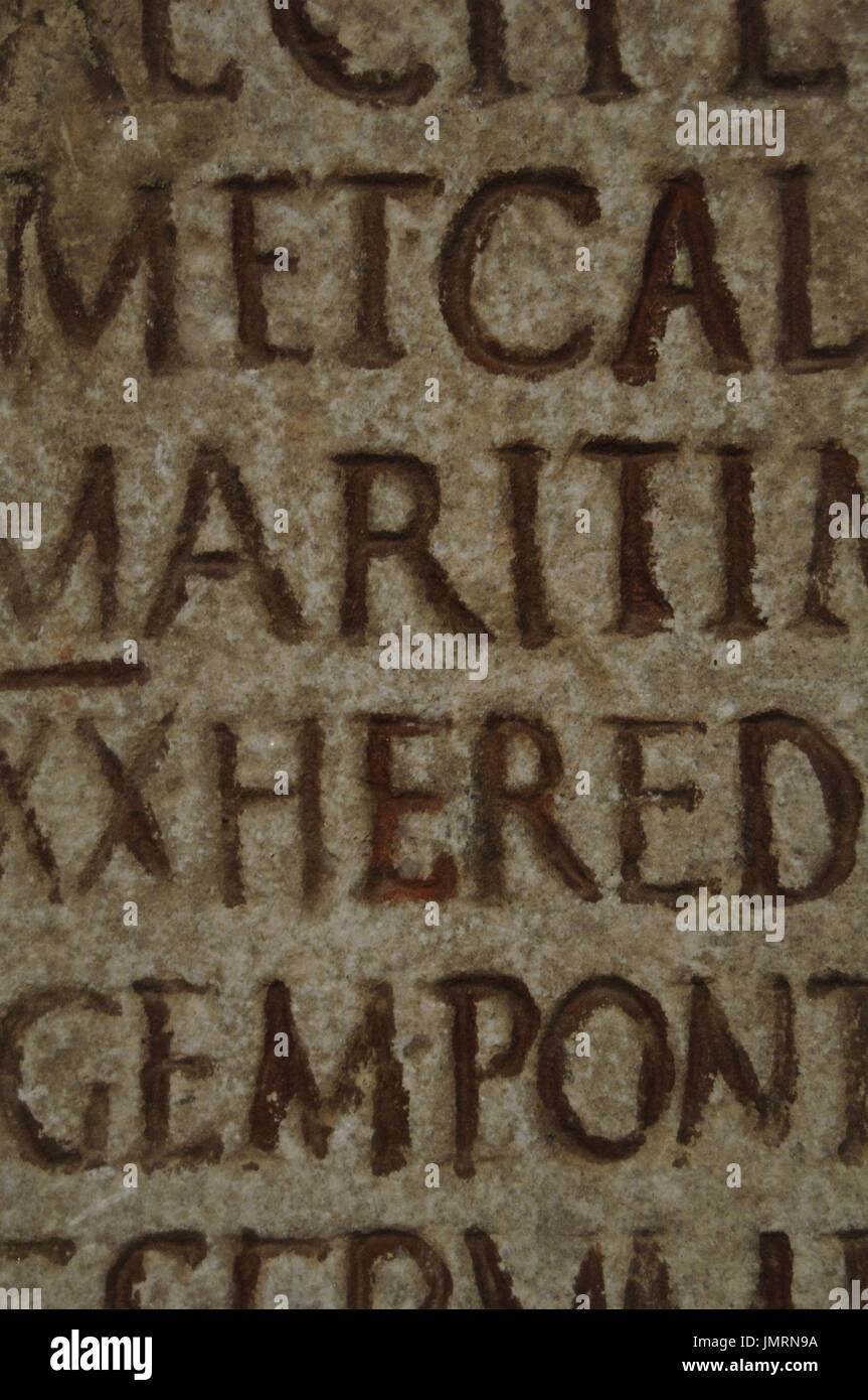 Praefectus annonae (prefetto delle disposizioni). Imperiale romana carica ufficiale con la supervisione della fornitura di grano per la città di Roma. L iscrizione sulla base della ricostruzione di un antico manoscritto, è stato posto per il prefetto C. iunius Favianus, dal grano africano e commercianti di olio (afrari), nella statio annonae. Museo Nazionale Romano (Terme di Diocleziano). Roma, Italia. Foto Stock