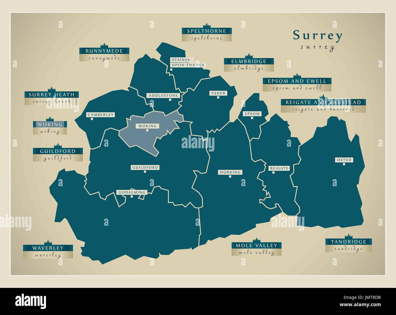 Mappa moderno - Surrey county con etichette di distretto Inghilterra illustrazione del Regno Unito Illustrazione Vettoriale