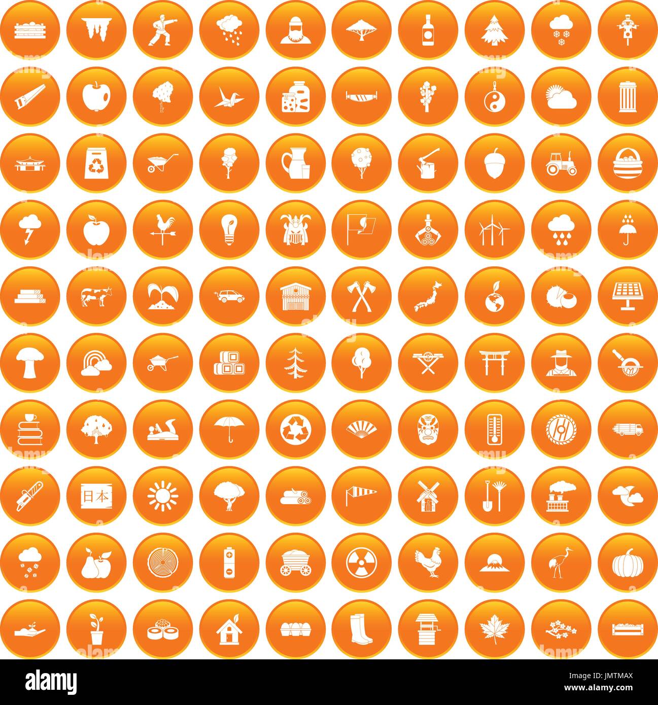 100 albero set di icone di colore arancione Illustrazione Vettoriale
