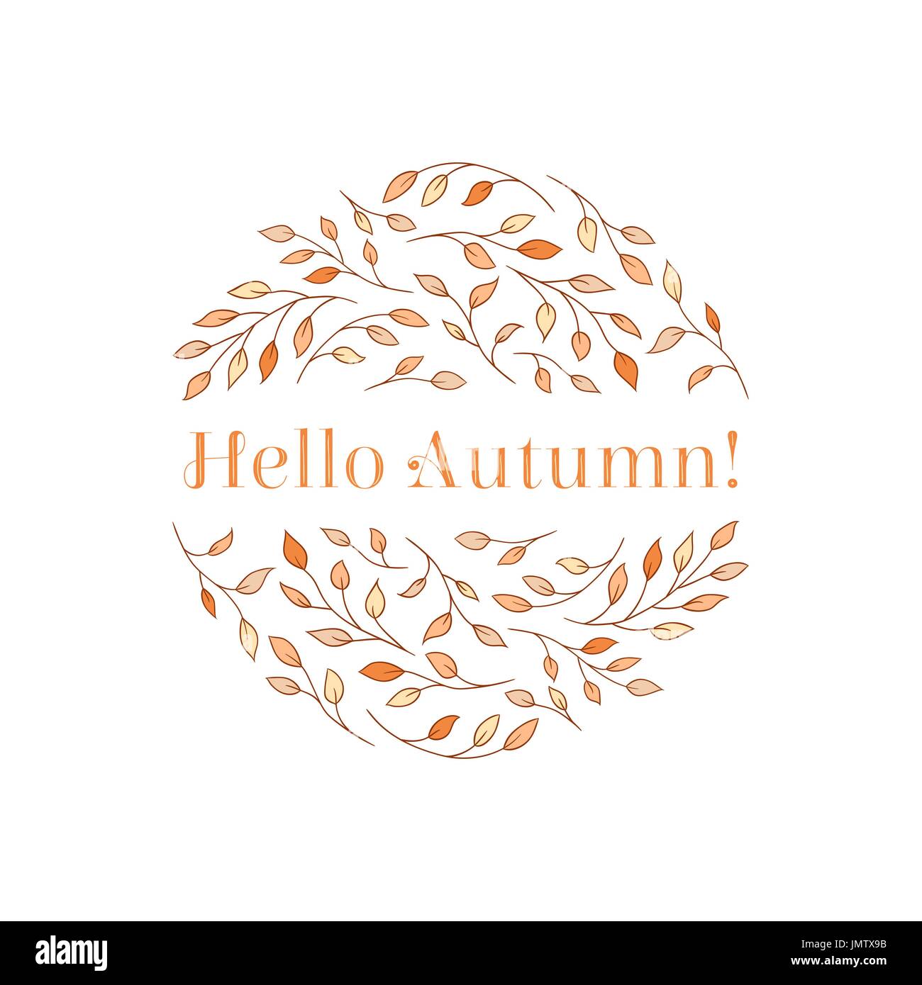 Elegante a rami di alberi disposti in un cerchio con un "Ciao autunno!' iscrizione. Stagionale autunno del concetto di delicato giallo e sfumature di colore arancione. Illustrazione Vettoriale