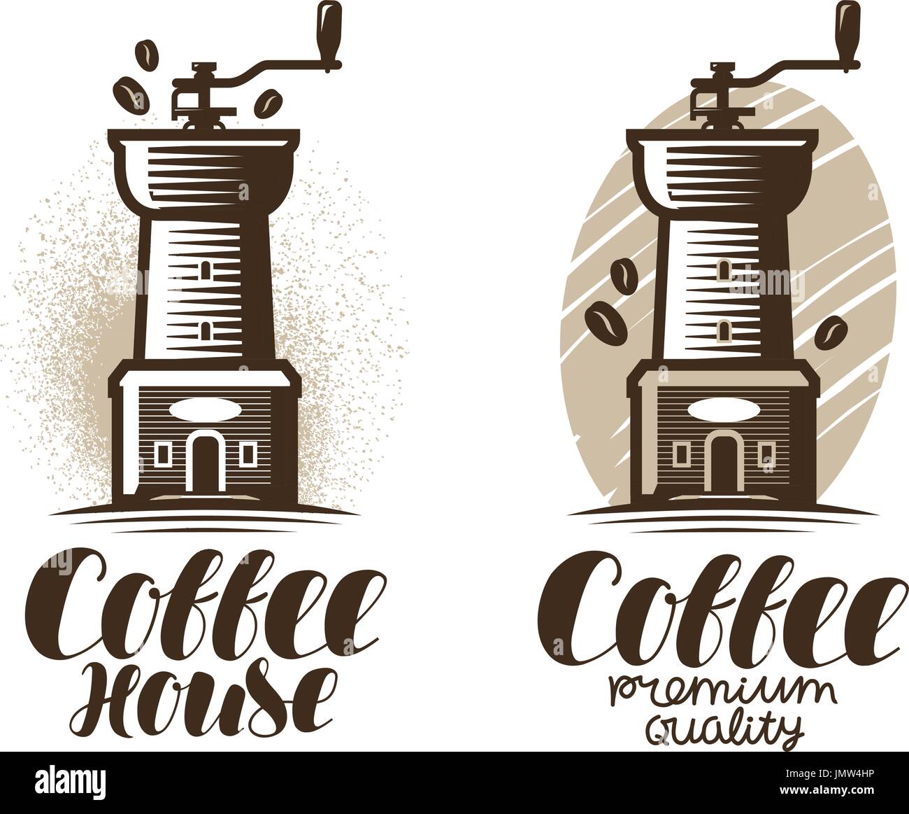 Cafe, coffeehouse logo o etichetta. Macinino da caffè espresso, icona di bevanda. Lettering illustrazione vettoriale Illustrazione Vettoriale