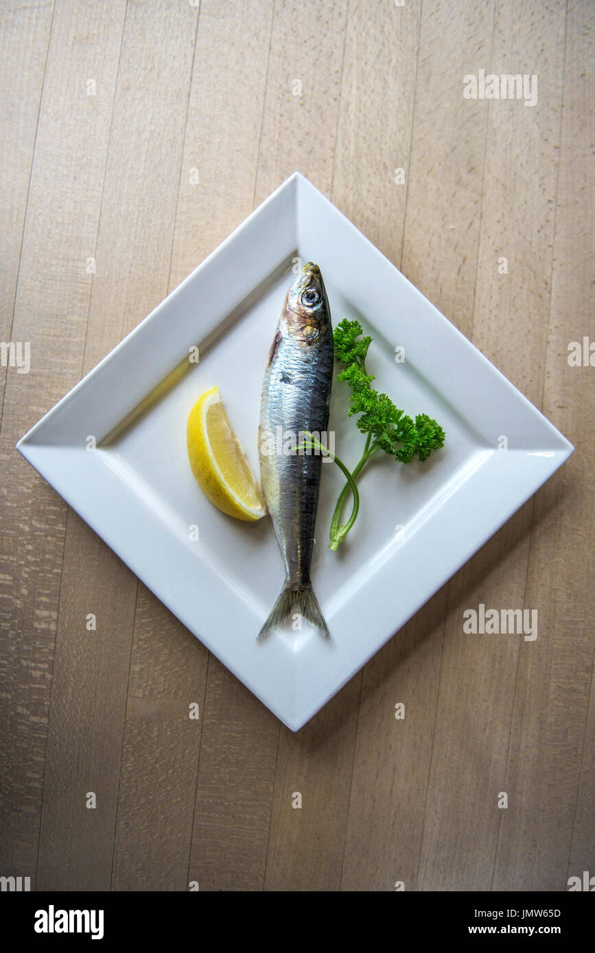 Una sardina, 1 ciuffo di prezzemolo e un cuneo di limone su una piastra. Foto Stock
