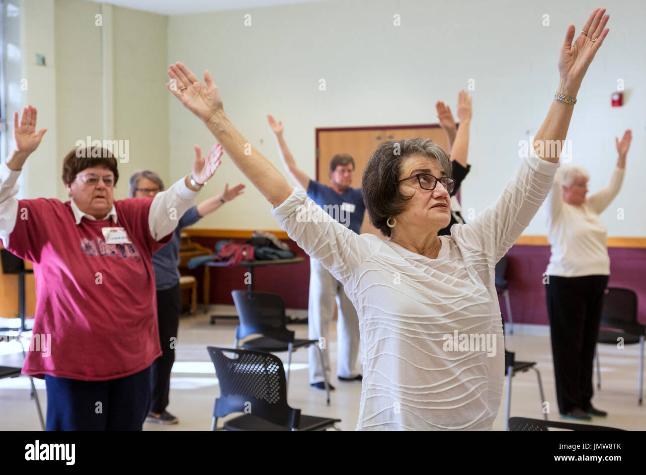 La soluzione salina, Michigan - Ex-insegnante in pensione Diane Evans insegna Tai Chi per anziani dell'area delle saline Senior Center. Foto Stock