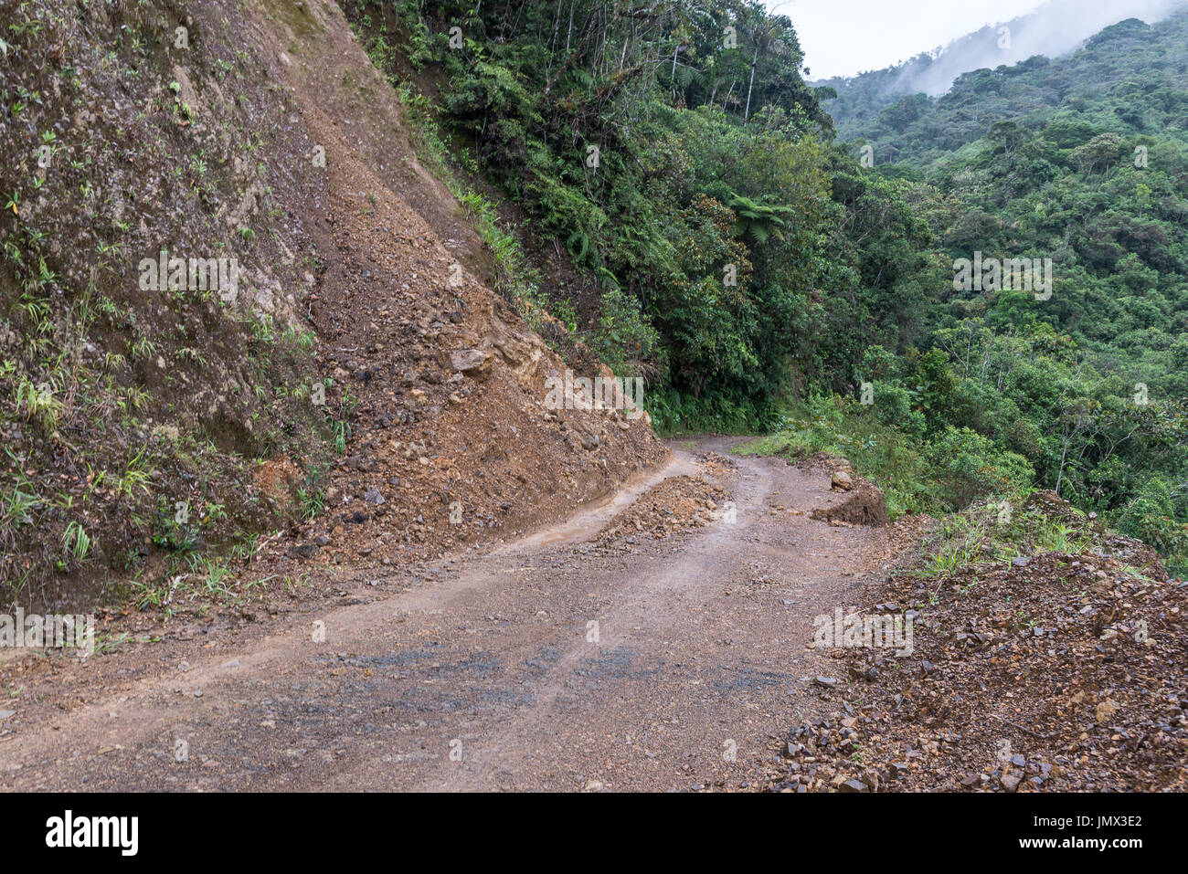 Frana lungo la strada di montagna. La Colombia, Sud America. Foto Stock