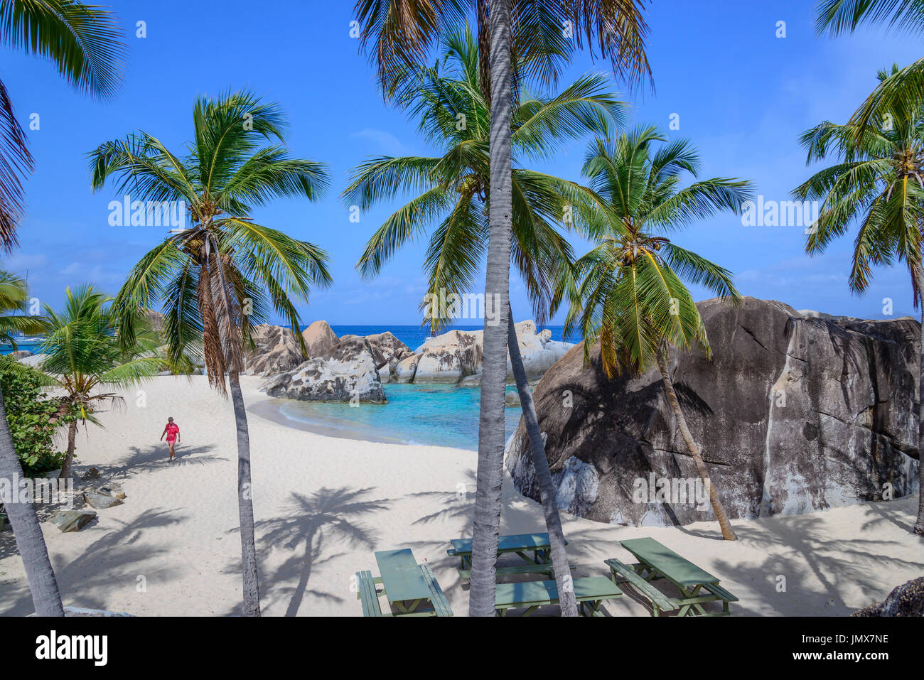 Alloggiamento molla con palme e boulder dai bagni, bagni, Molla Bay, Virgin Gorda Isola, Isole Vergini Britanniche, Mar dei Caraibi Foto Stock