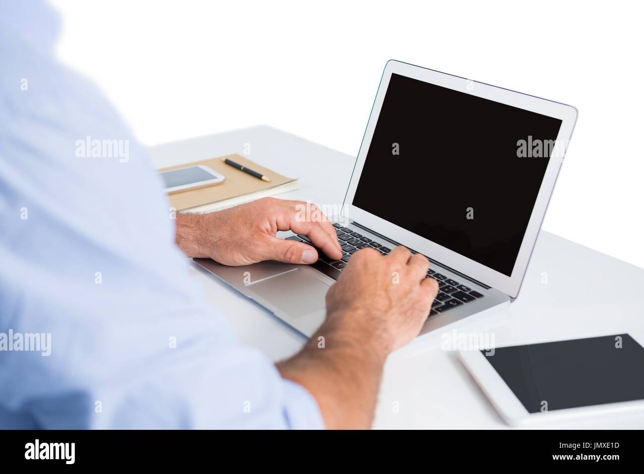 La sezione centrale del maschio utilizzando executive portatile a scrivania Foto Stock