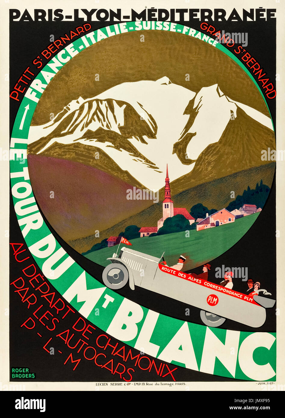 "Le Tour du Mt Blanc - Route des Alpes' 1927 Turismo Poster con tour passeggeri godendo la grande strada alpina da automobile dopo l'arrivo a Chamonix per ferrovia. Artwork da Roger Broders (1883-1953) per Paris Lyon Mediteranée Company (PLM) Linea ferroviaria. Foto Stock