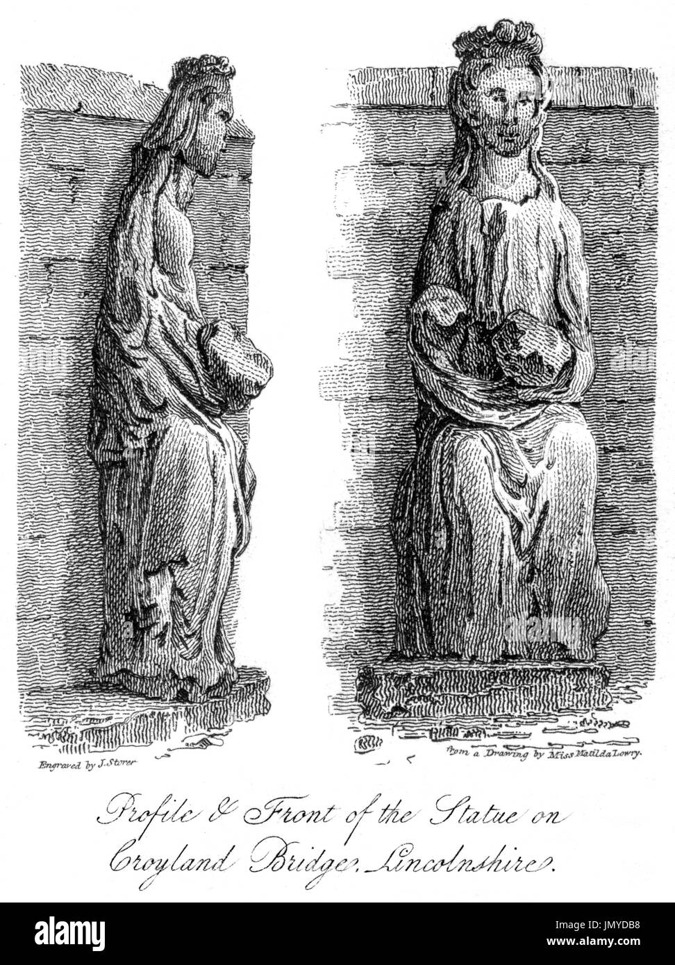 Incisione del profilo & davanti alla statua sul ponte Croyland (Trinity Bridge, Crowland) Lincolnshire scansionati ad alta res da un libro di 1808. Foto Stock