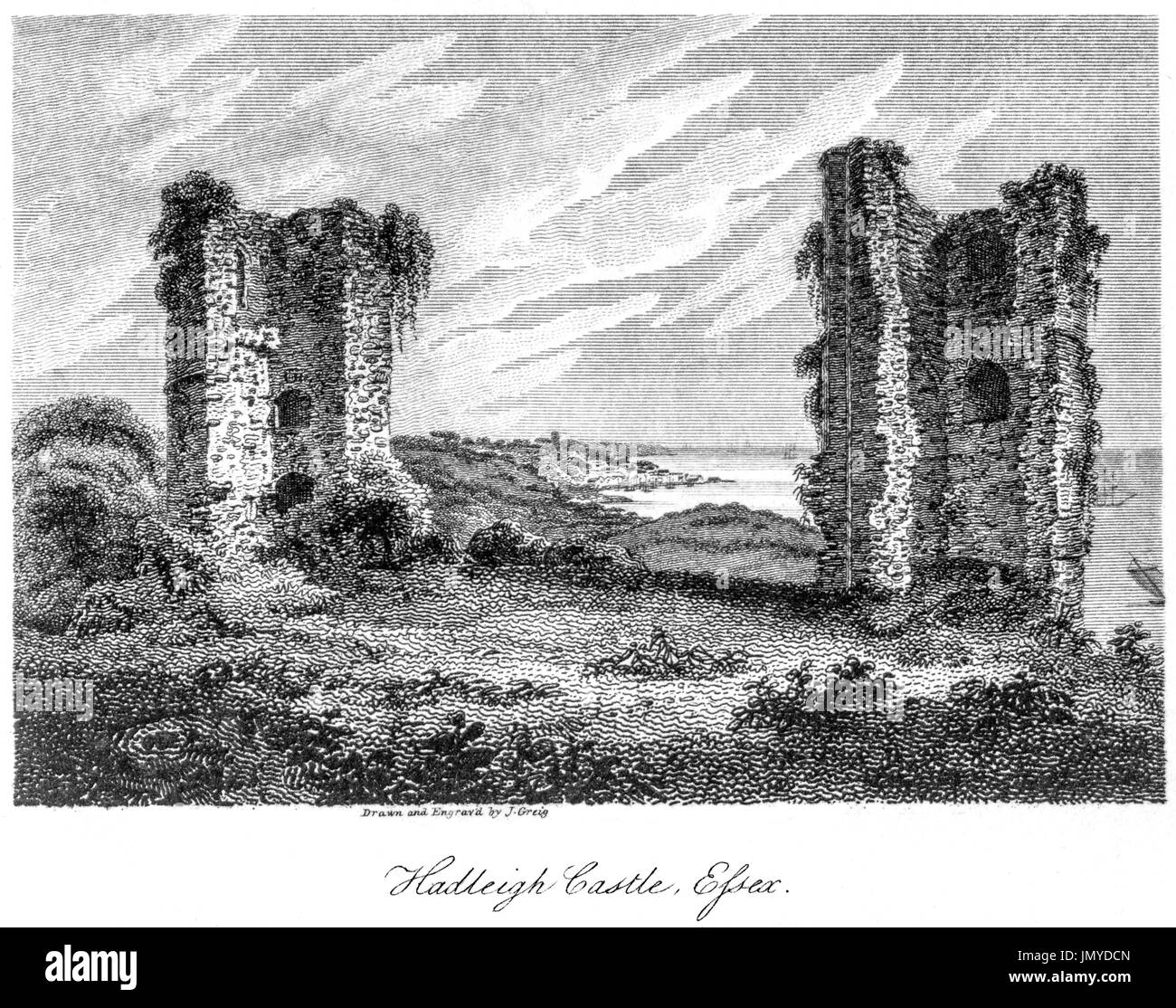 Una incisione di Hadleigh Castle, Essex scansionati ad alta risoluzione da un libro stampato in 1808. Ritiene copyright free. Foto Stock