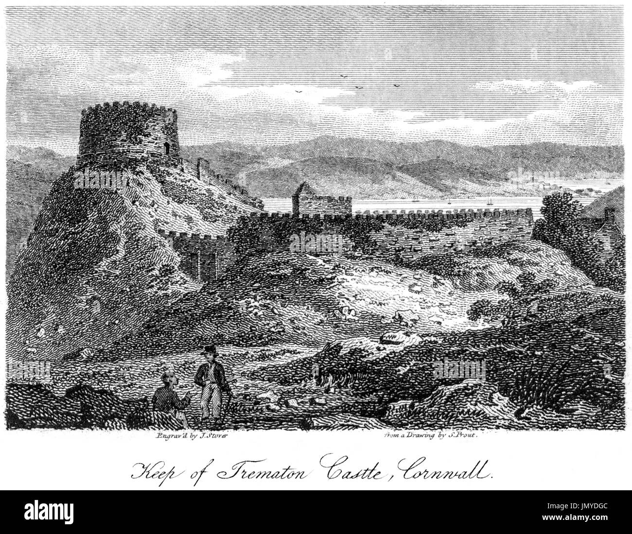 Una incisione del mastio del castello Trematon, Cornwall scansionati ad alta risoluzione da un libro stampato in 1808. Ritiene copyright free. Foto Stock