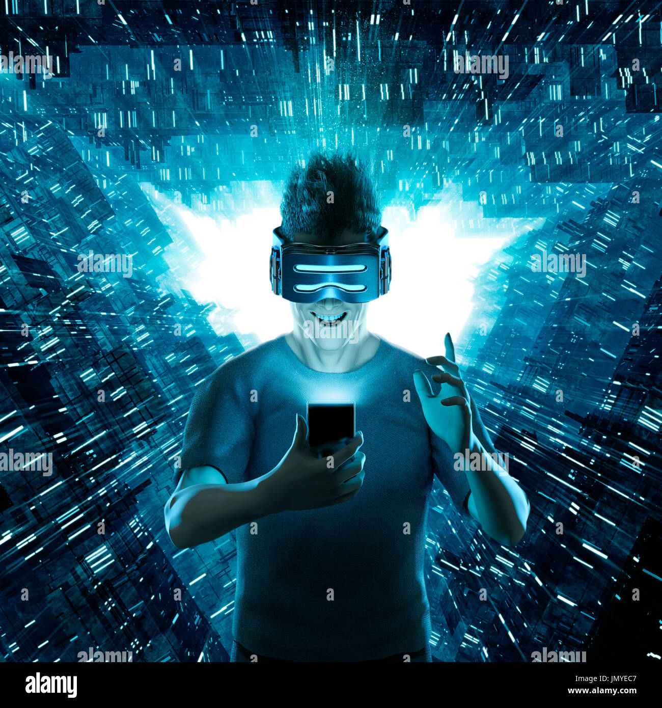 Mobile Virtual Reality utente / 3D rendering dell'uomo sperimenta la realtà aumentata sul telefono cellulare per capelli effetto di sollevamento Foto Stock