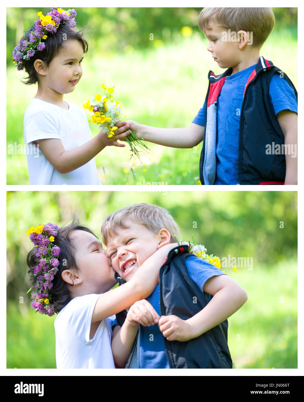 Bel ragazzo e una ragazza in un parco, ragazzo dando fiori per la ragazza Foto Stock