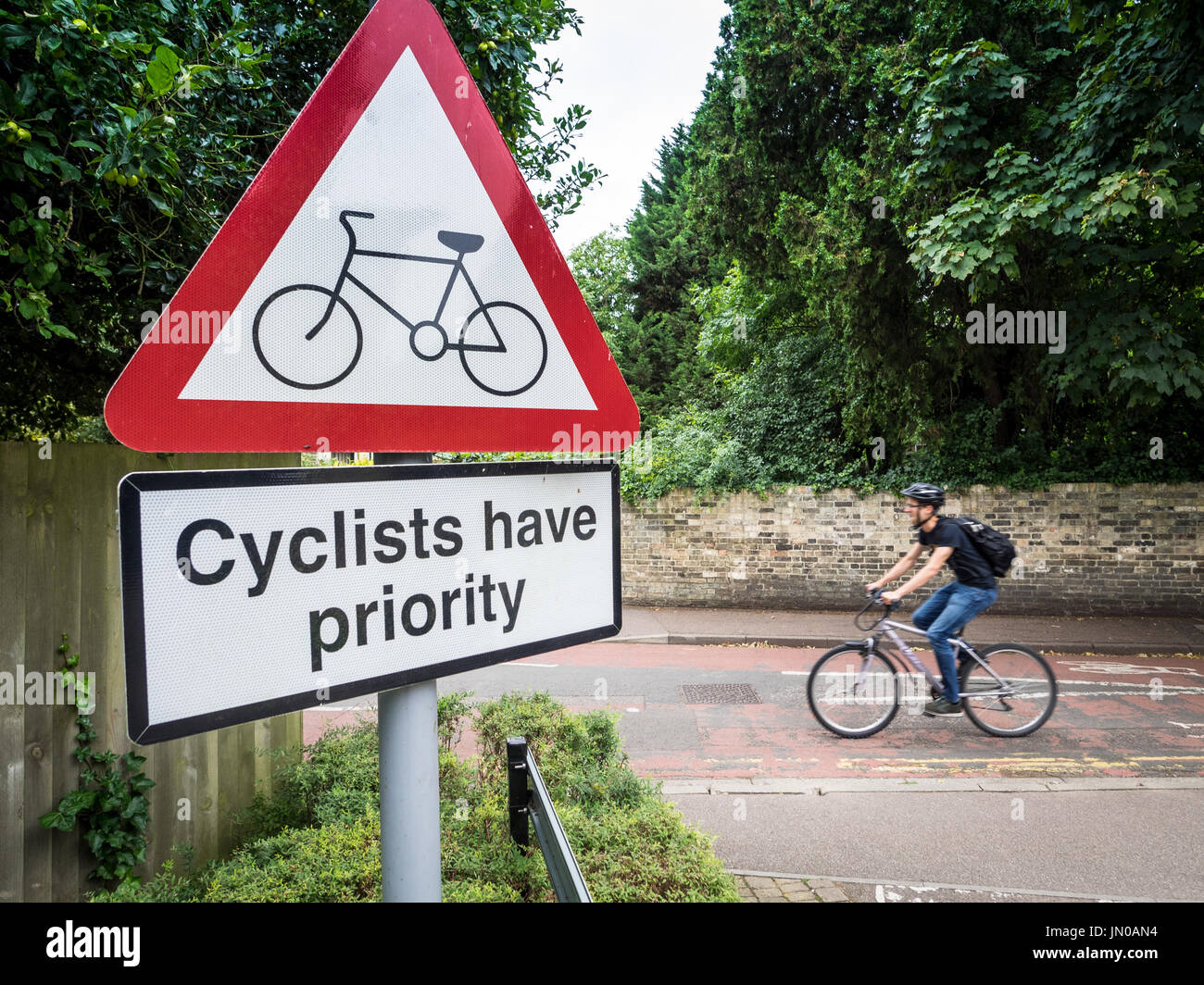 I ciclisti hanno priorità Cassetta di sicurezza - Escursioni in bicicletta - Segno dirigere le vetture per dare modo ai ciclisti su un intenso percorso ciclabile nel centro di Cambridge Regno Unito Foto Stock