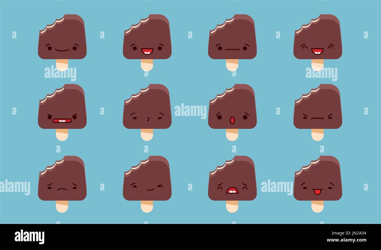 Set di vettore kawaii gelato al cioccolato emoticon. Isolato su fondo azzurro. Illustrazione Vettoriale
