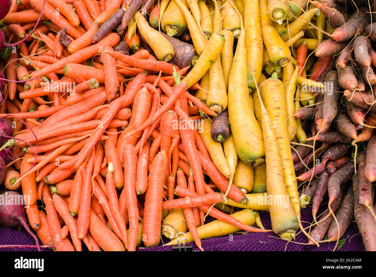 Le carote arancione al mercato degli agricoltori Foto Stock