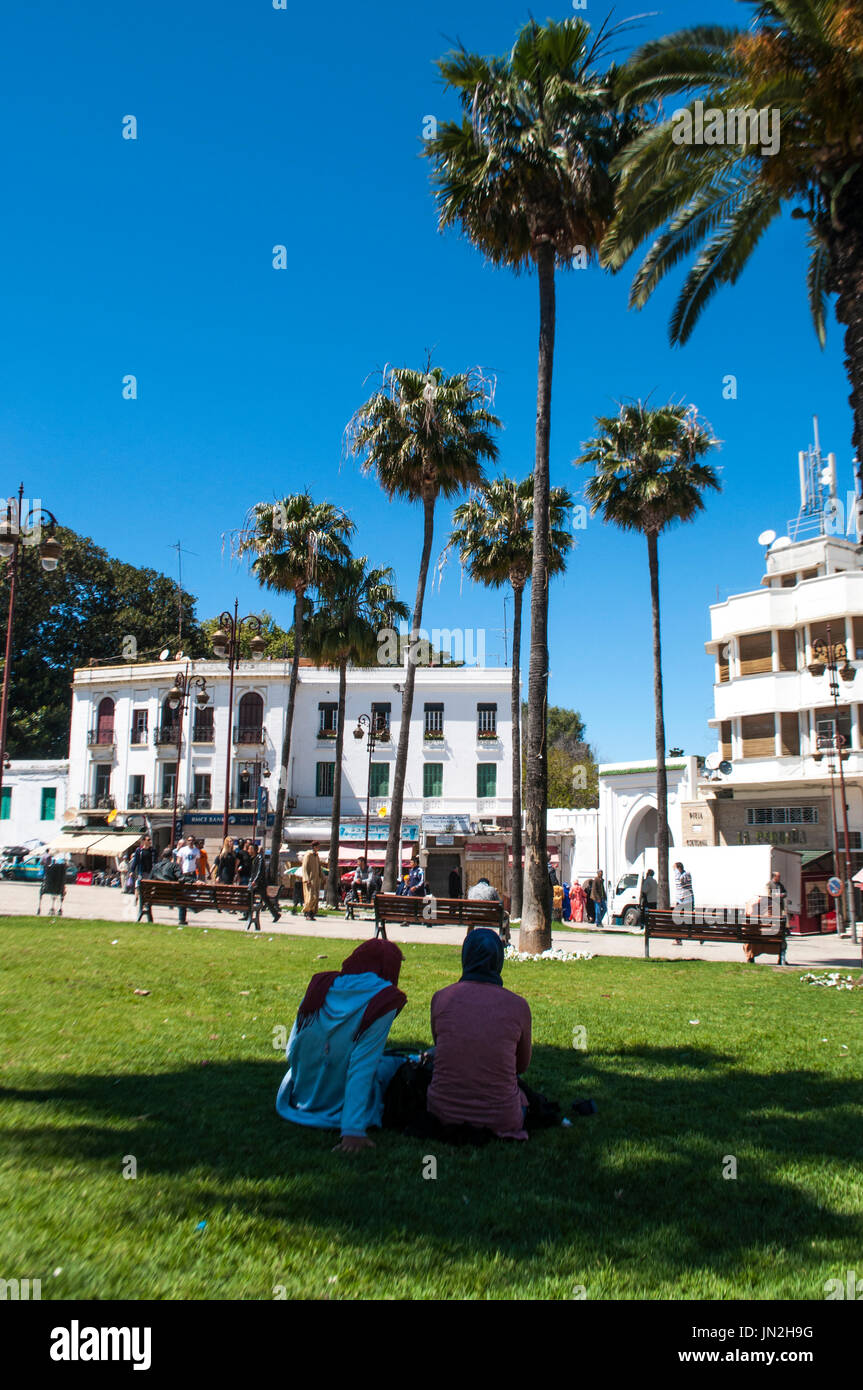 Persone seduti all'ombra delle palme sul prato di Gran Socco, la grande piazza conosciuta come Place du Grand 9 Avril 1947 nella Medina di Tangeri Foto Stock