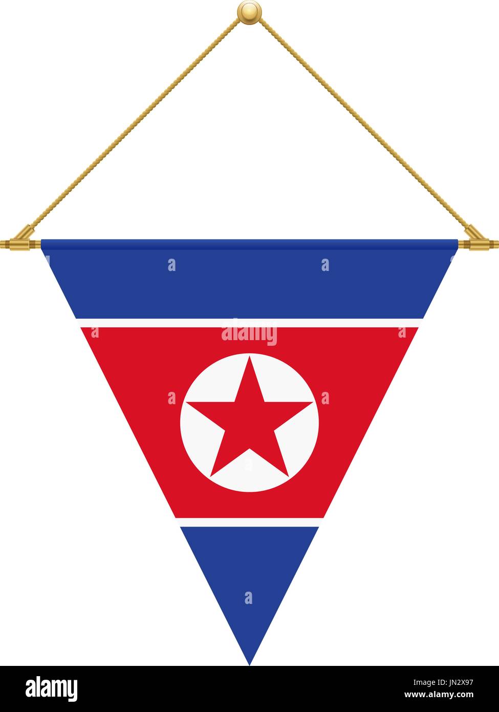 Bandiera di design. Corea del Nord bandiera triangolare appesa. Modello isolato per i tuoi progetti. Illustrazione Vettoriale. Illustrazione Vettoriale