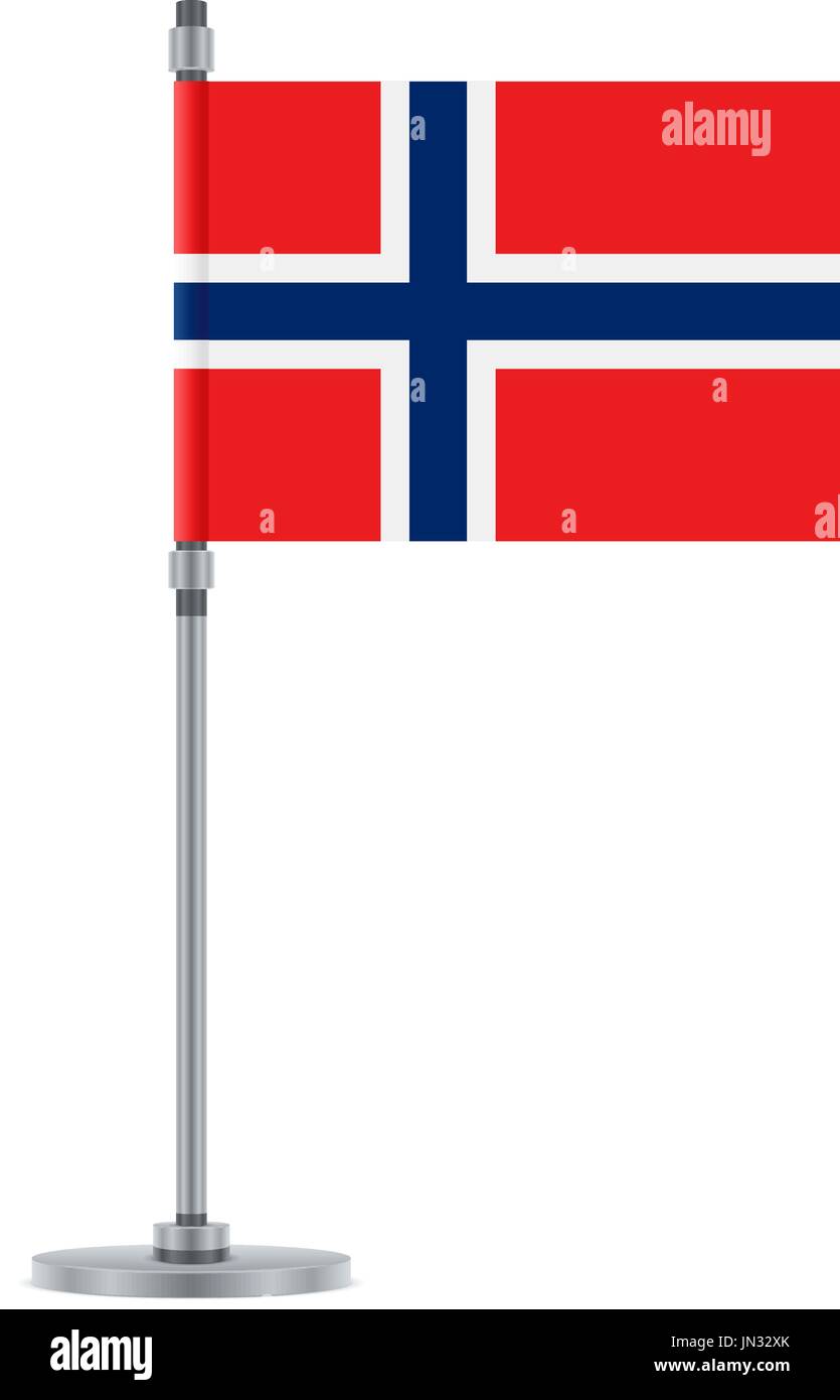 Bandiera di design. Bandiera norvegese sul palo metallico. Modello isolato per i tuoi progetti. Illustrazione Vettoriale. Illustrazione Vettoriale