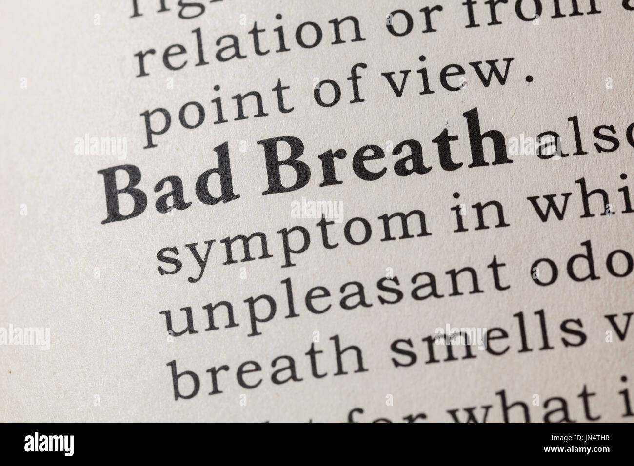 Fake Dizionario, definizione del dizionario della parola alito cattivo. comprendente i principali parole descrittive. Foto Stock