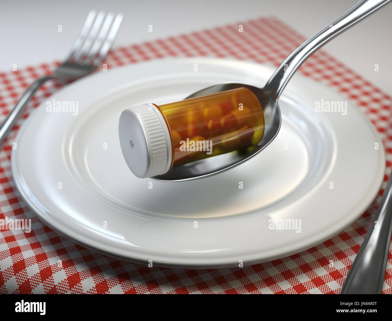 Pillole nella piastra con cucchiaio e forchetta. Farmacia dieta concetto di nutrizione. 3d illustrazione Foto Stock