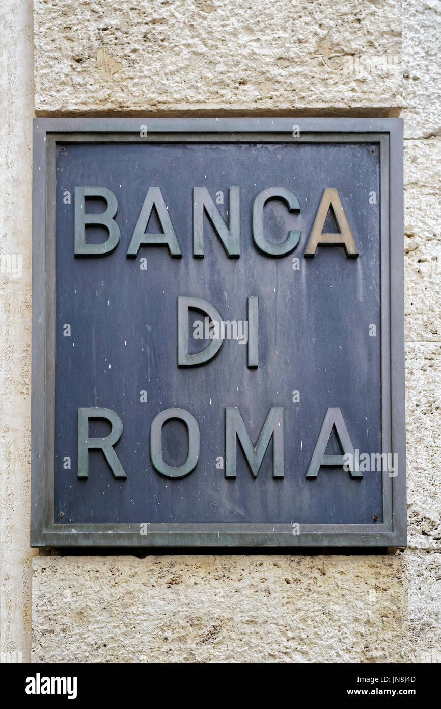 Roma, Italia - 13 Ottobre 2016: piastra presso la filiale locale della banca italiana chiamato Banca di Roma. Foto Stock