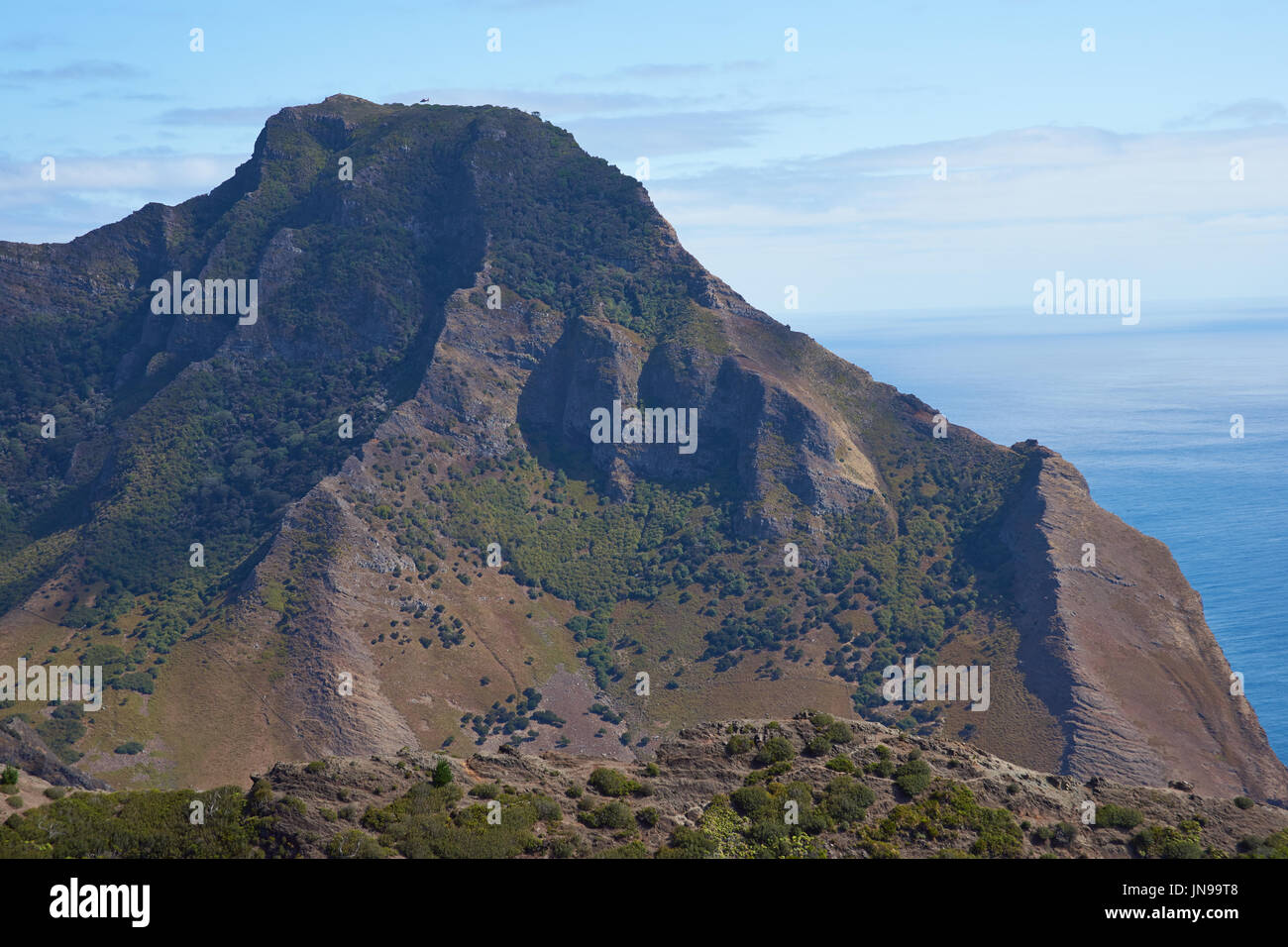 Vista panoramica della costa del paesaggio vulcanico di Isola di Robinson Crusoe, uno dei tre principali isole che compongono le Isole Juan Fernández, Cile. Foto Stock