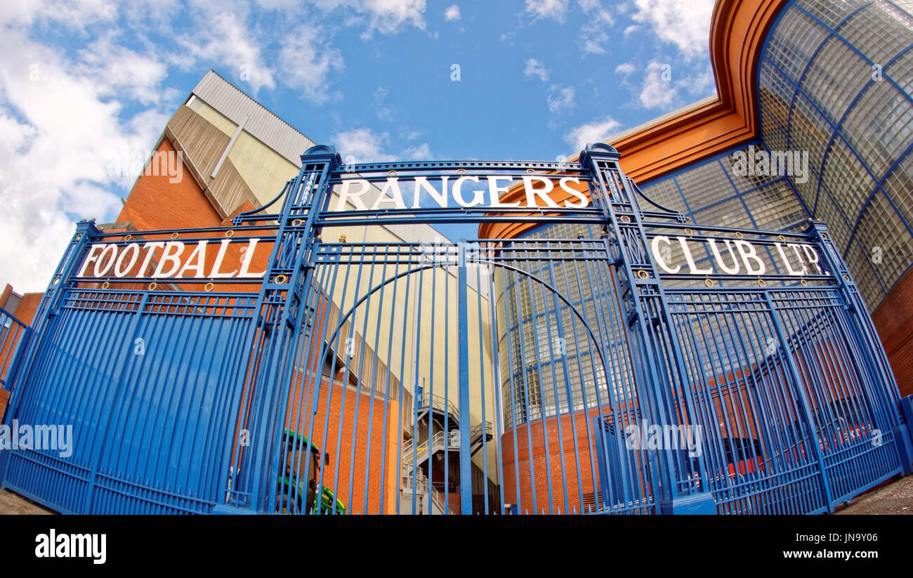 Glasgow Rangers, ibrox stadium, cancelli edmiston logo Drive, Glasgow Foto Stock