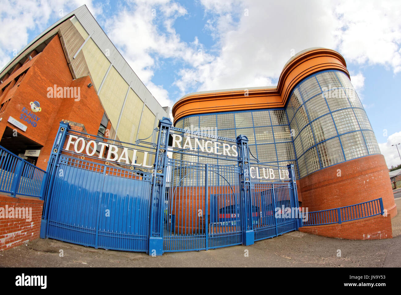 Glasgow Rangers, ibrox stadium, cancelli edmiston logo Drive, Glasgow Foto Stock