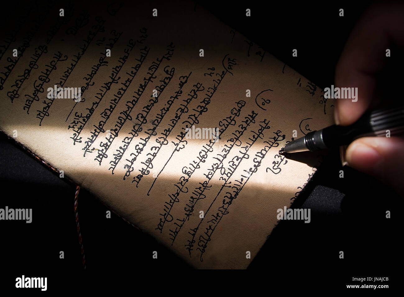 Scrivere con una penna su un papiro in lingua scrittura brahmi, scrivendo in India systems Foto Stock