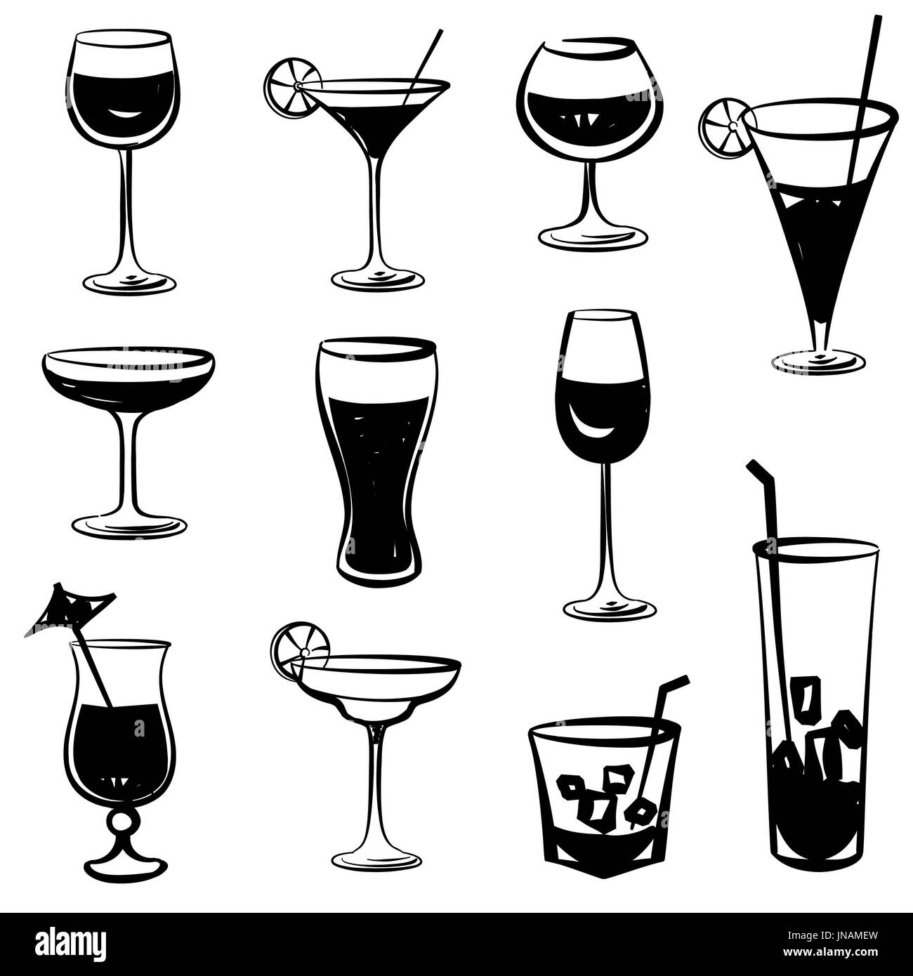Vettore di vetro raccolta di silhouette. Insieme di diversi cocktail bevande isolati su sfondo bianco. Cocktail party icone Foto Stock