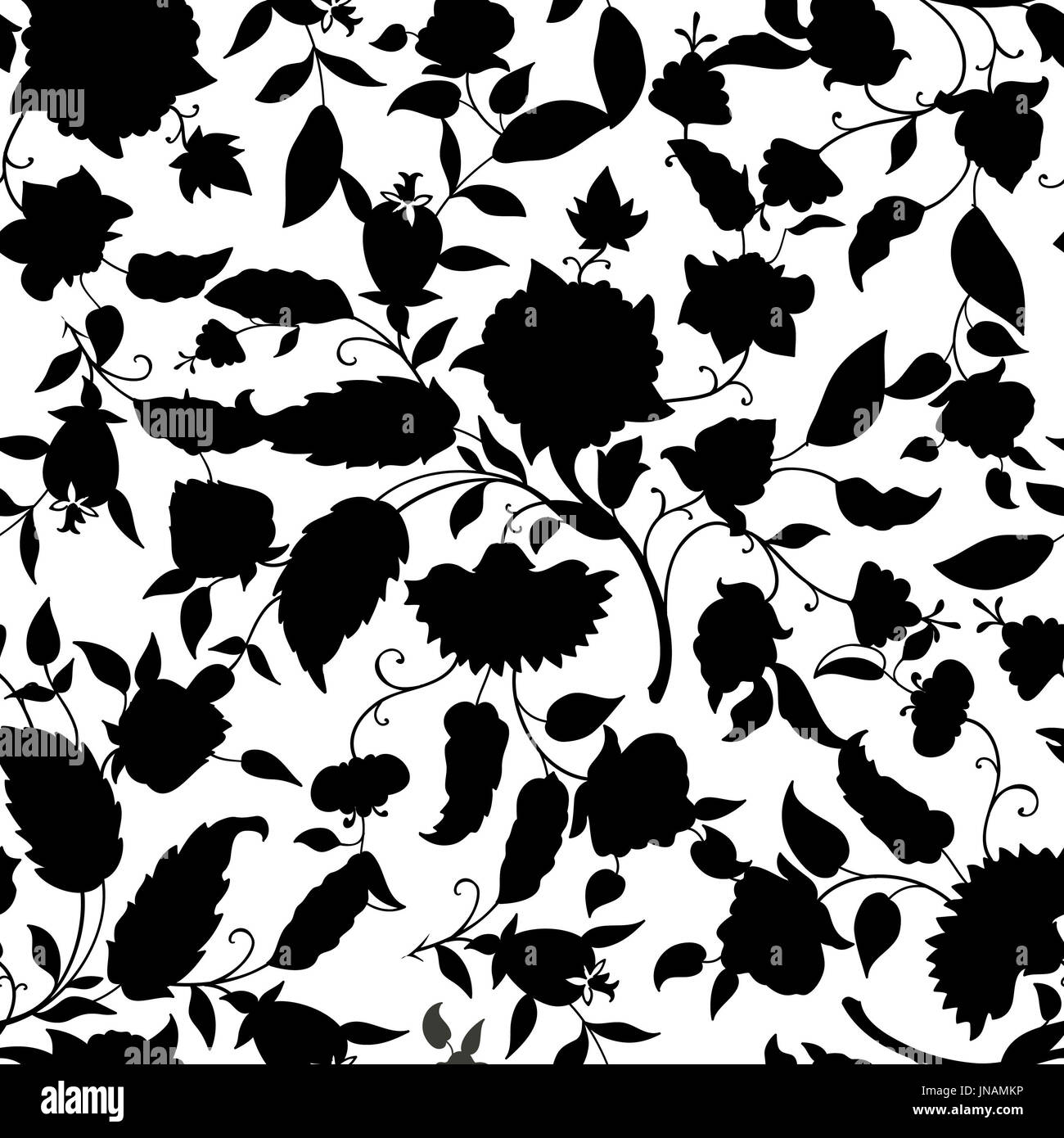 Floral seamless pattern. Silhouette di Fiore nero e sfondo bianco. Decorazione floreale seamless texture con fiori. Foto Stock