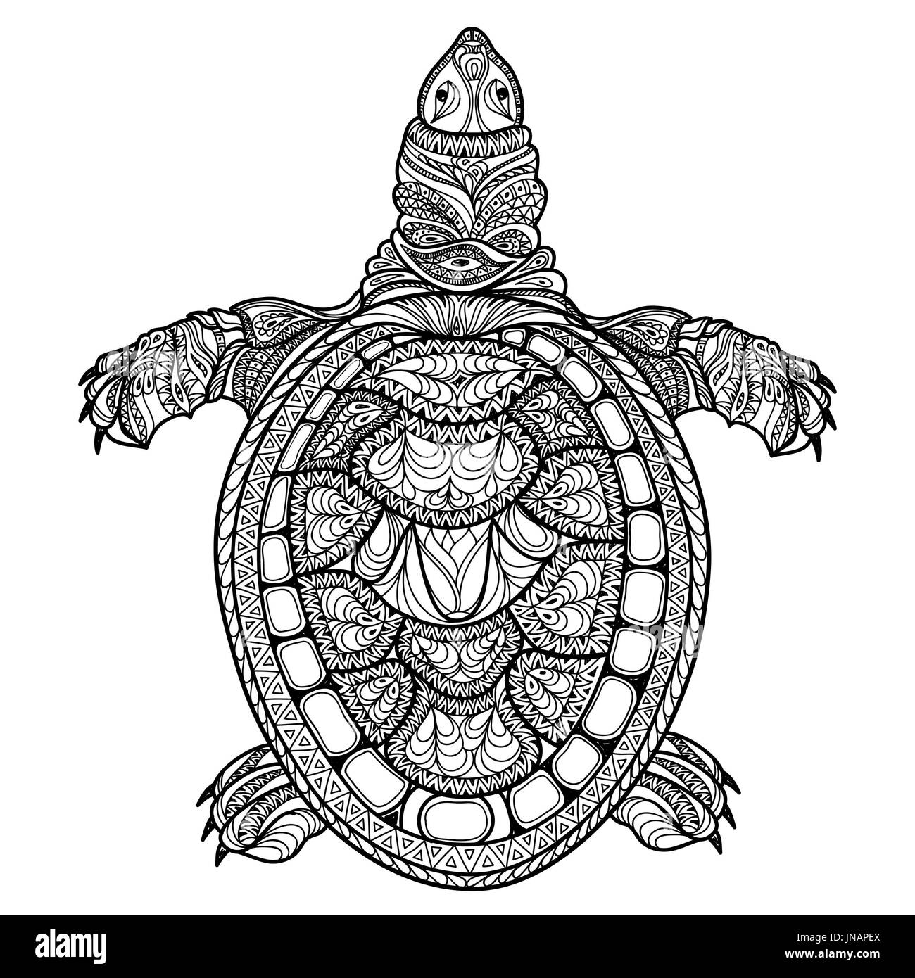 Turtle isolato. Zentangle tribali tartaruga stilizzata. Doodle illustrazione vettoriale. Mano psichedelico bozzetto per tatuaggio o makhenda. Oceano Mare animale Foto Stock