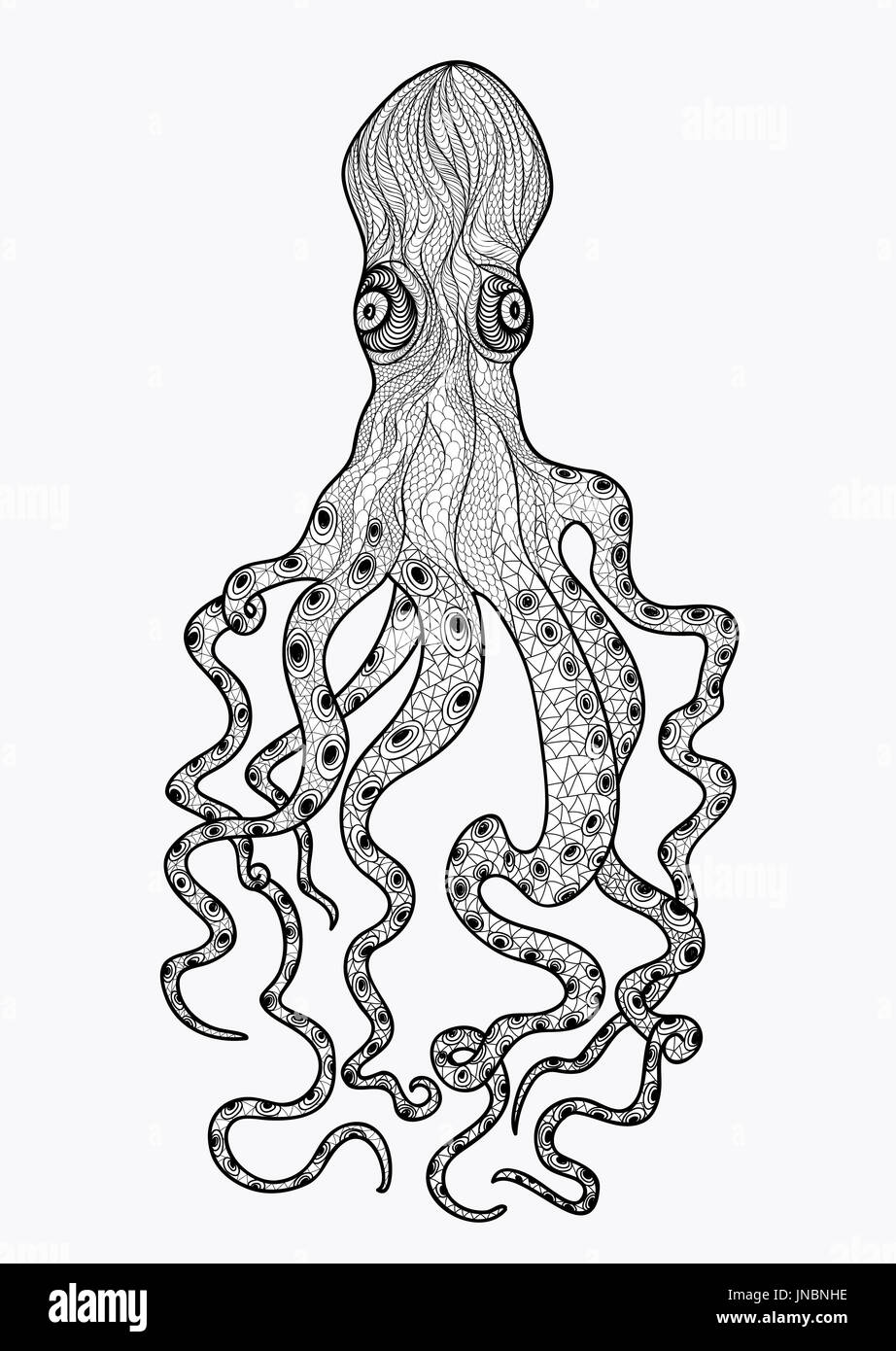Il polpo con tentacoli doodle ornamentali isoalted illustrazione su bianco. Carattere di polpo nuoto sott'acqua. Zentagle disegno vettoriale Foto Stock