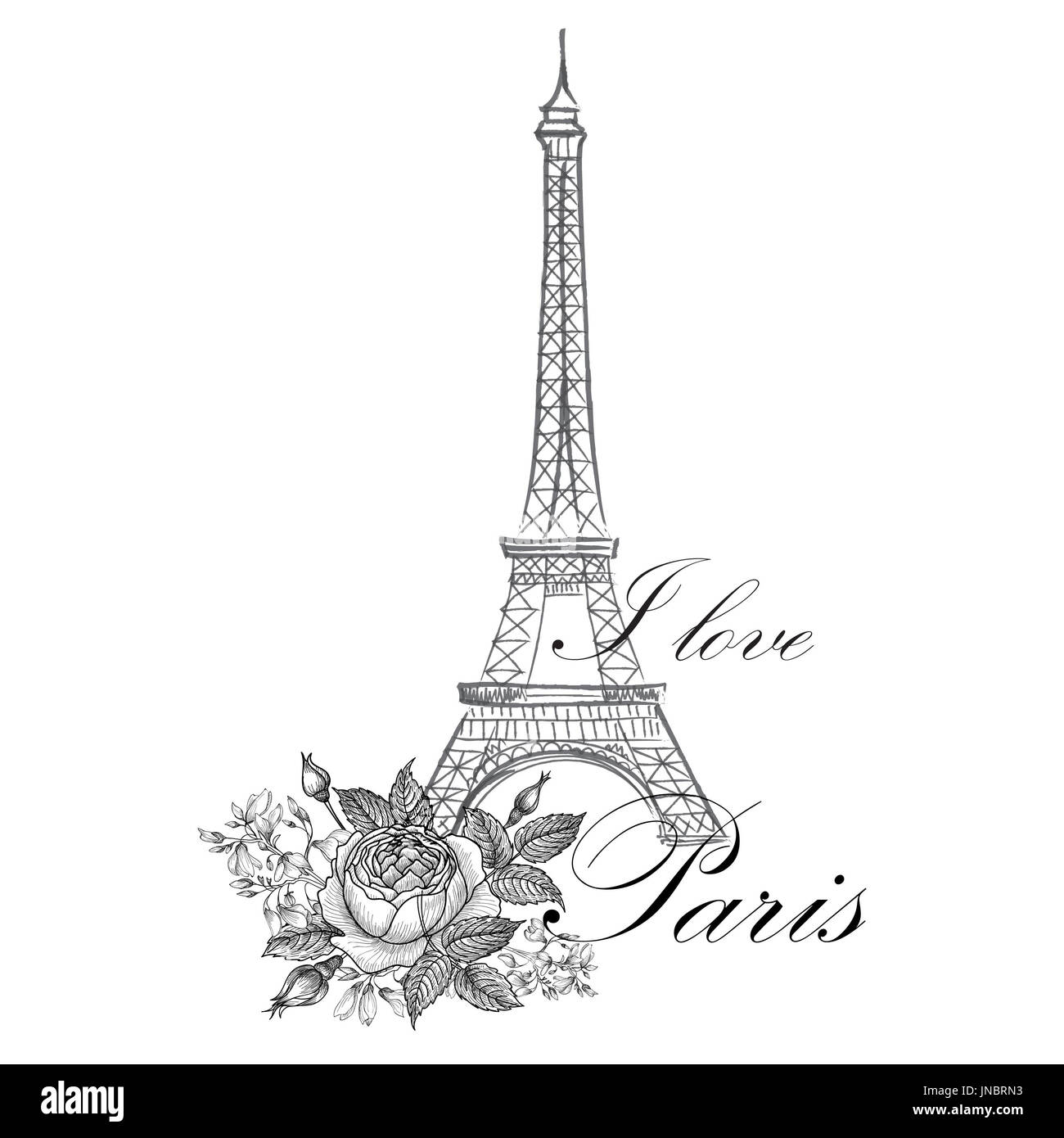 Segno di Parigi. Il francese famoso torre Eiffel. Viaggiare in Francia etichetta. Parigi icona architettonica con caratteri Foto Stock