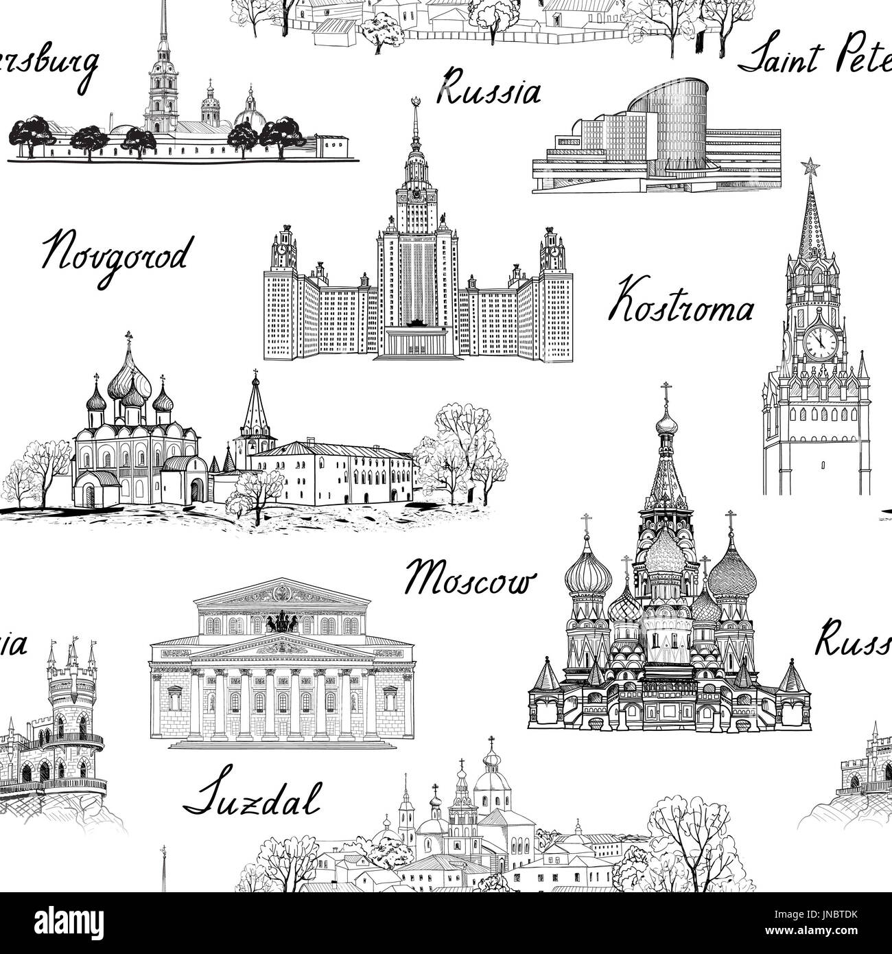Viaggiare russia seamless inciso pattern architetturale. famosa città russe e monumenti. i punti di riferimento di Mosca, San Pietroburgo, Suzdal, kolomna e Foto Stock