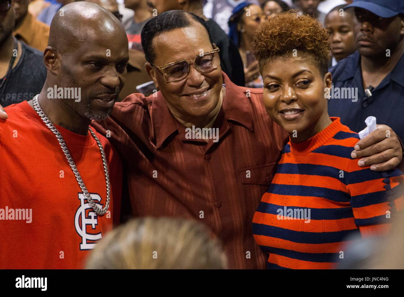 Il rapper dmx,Ministro Louis Farrakhan,l'attrice Taraji P. Henson posa per foto insieme big3 settimana 5 3-in-3 torneo uic pavilion luglio 23,2017 chicago, illinois. Foto Stock