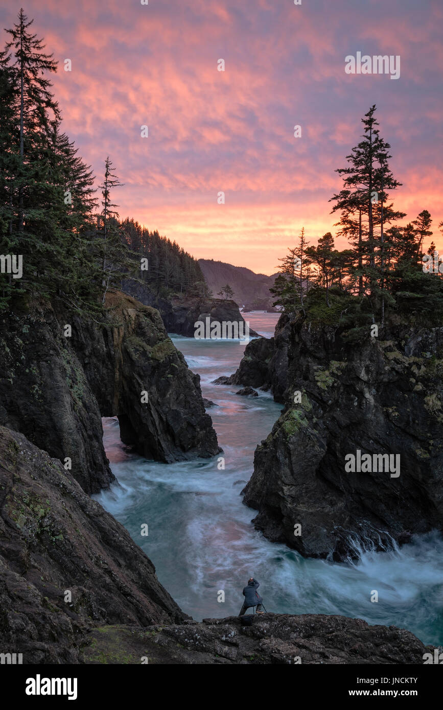 Fotografo Marc Muench fotografare sunrise a Natural Bridges State Edicola, Southern Oregon Coast. Foto Stock