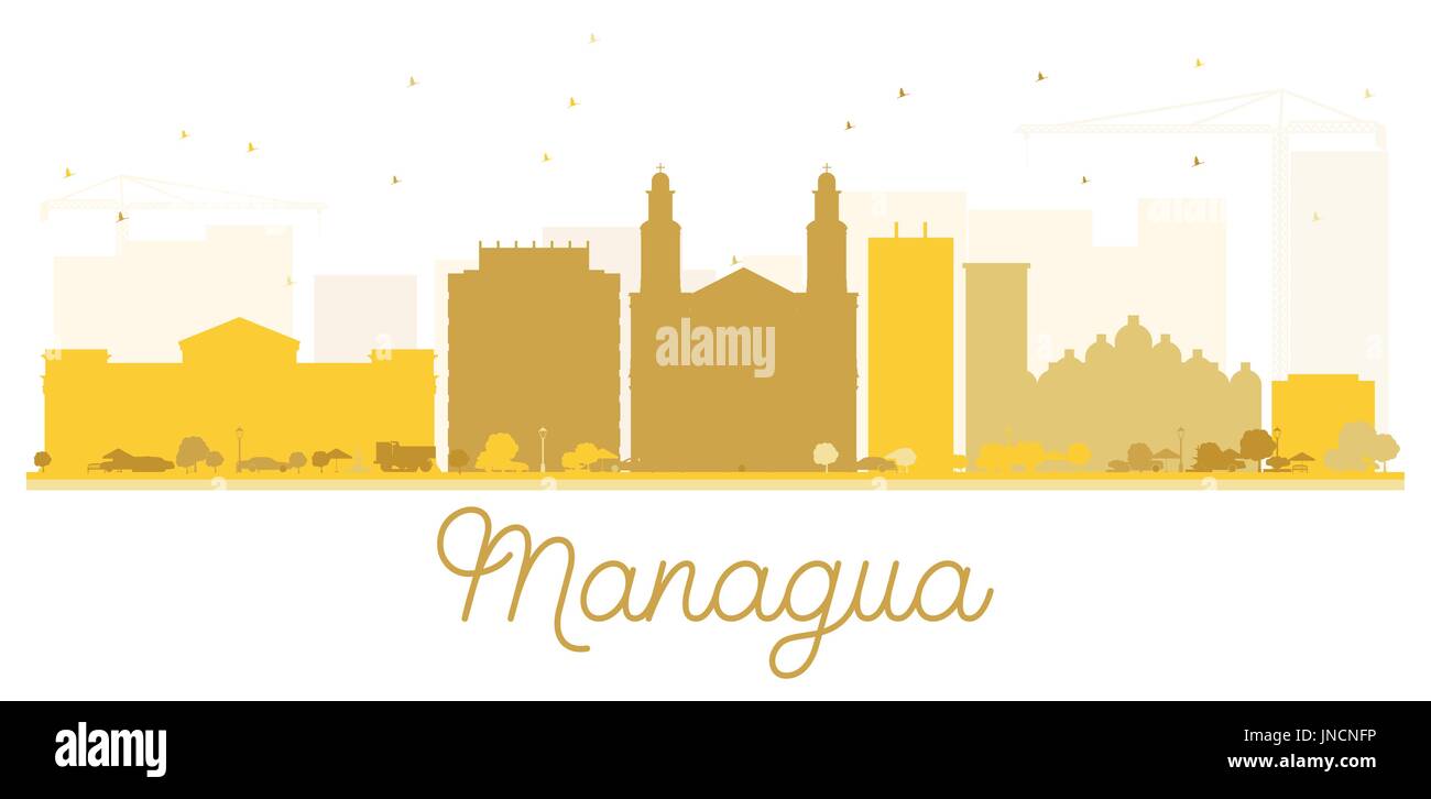 Città di Managua skyline golden silhouette. illustrazione vettoriale. semplice piatto concetto per il turismo presentazione, banner, cartellone o sito web. Illustrazione Vettoriale