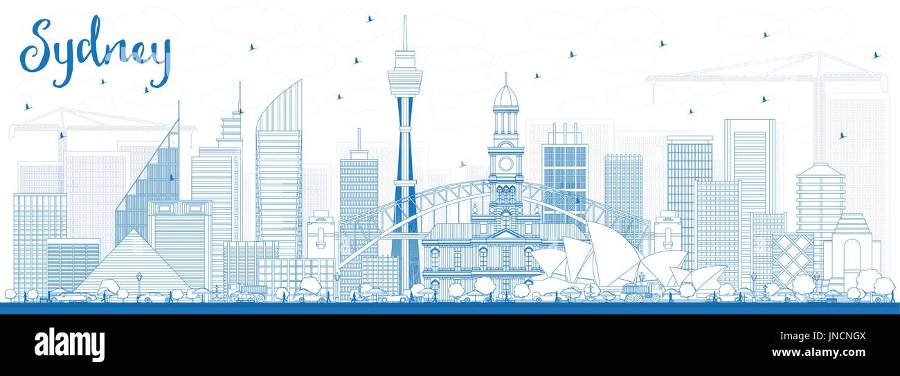 Delineare il Sydney Australia skyline con edifici blu. illustrazione vettoriale. viaggi di affari e di turismo con il concetto di architettura moderna. Illustrazione Vettoriale