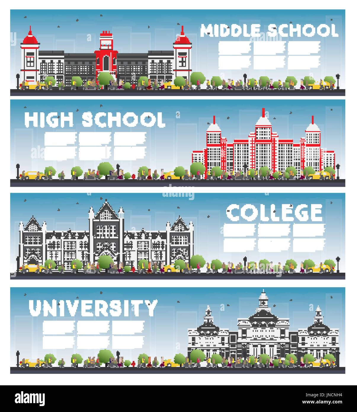Set di università, High School e College Studio banner. Illustrazione Vettoriale. Agli studenti di accedere all'edificio principale dell'Università. Illustrazione Vettoriale