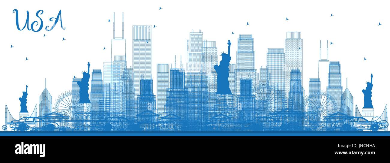 Profilo USA skyline di grattacieli blu e punti di riferimento. Illustrazione Vettoriale. Viaggi di affari e di turismo con il concetto di architettura moderna. Illustrazione Vettoriale
