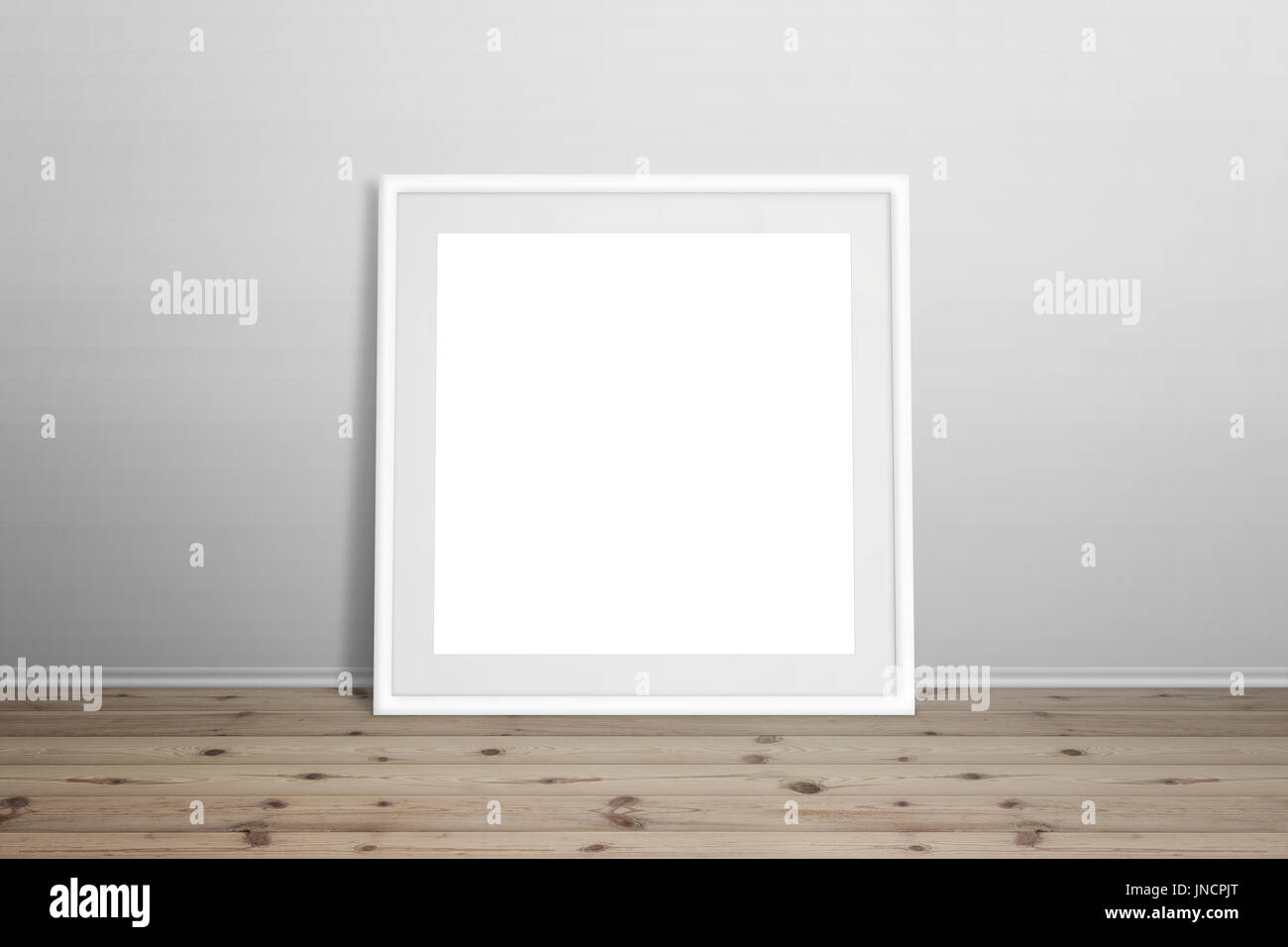 White picture frame mockup. Telaio isolato per l'arte, design presentazione. Telaio appoggiato sulla parete bianca. Pavimento in legno. Foto Stock
