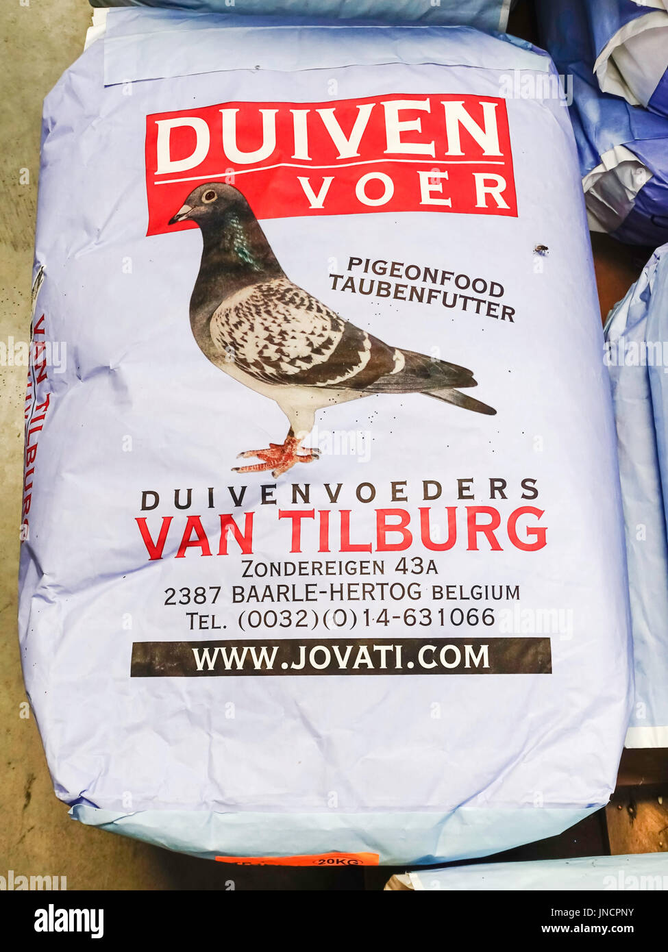 Una grande borsa di Pigeon alimenti prodotti in Belgio per la vendita nel North Yorkshire in Inghilterra dove ci sono molti amatori di piccione e racing club Foto Stock