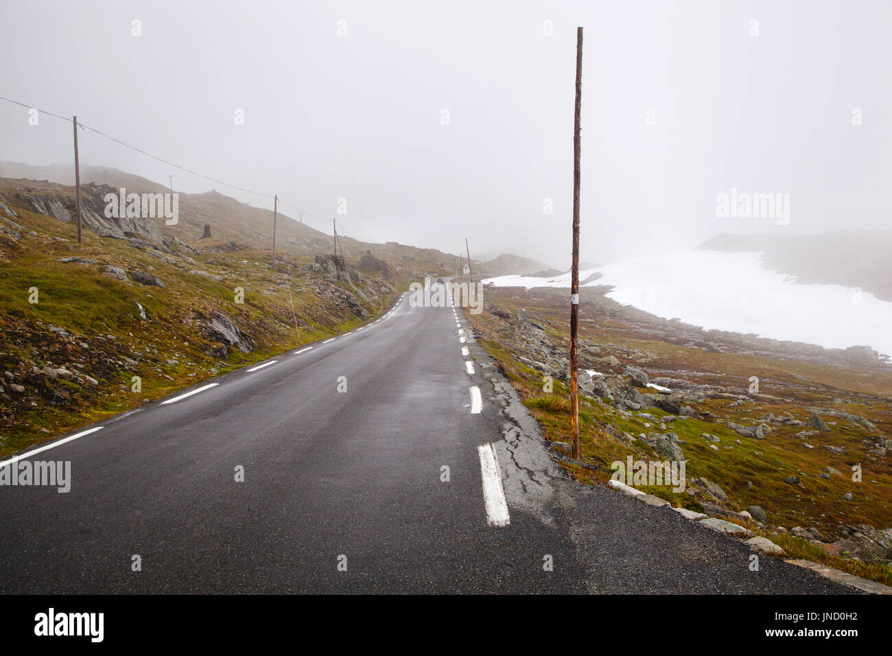Nazionale strada turistica 55 Sognefjellsvegen in misty meteo, Norvegia Foto Stock