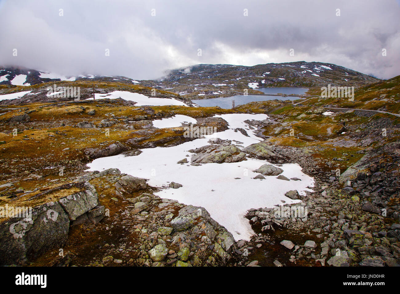 Nazionale strada turistica 55 Sognefjellsvegen in misty meteo, Norvegia Foto Stock
