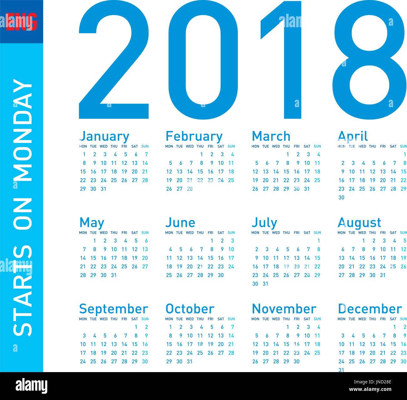 Semplice Calendario blu per l'anno 2018, in formato vettoriale. La settimana inizia il lunedì. Illustrazione Vettoriale